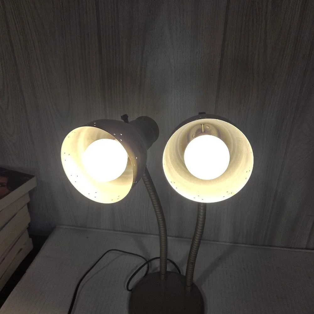 Vtg Double Gooseneck Desk Lamp Metal BULLET Shades Moderne Lamp 80s